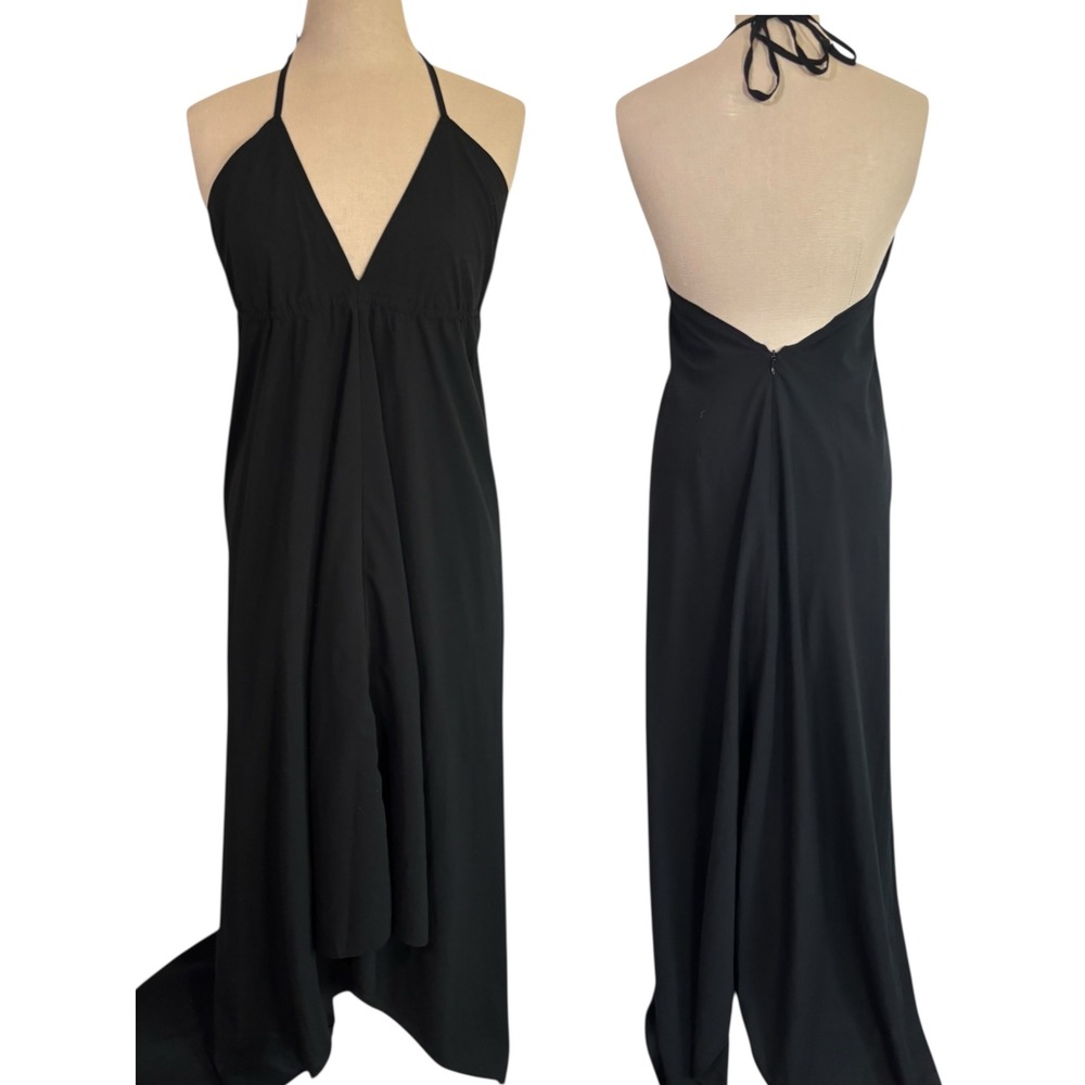 Old Navy Womens Y2K Black Halter Babydoll Maxi Dress Sz Medium Open Back Hi Low